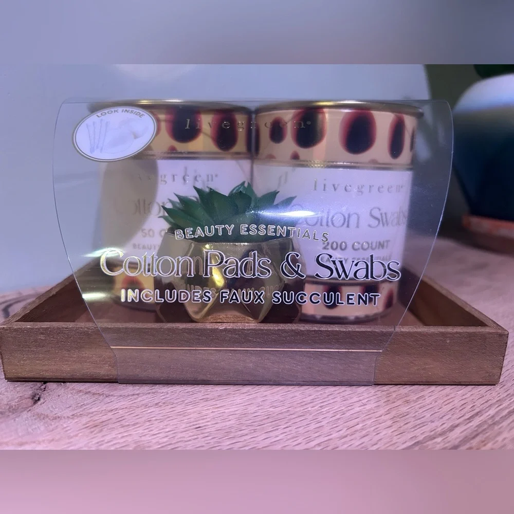 Livegreen Cotton Pads & Cotton Swabs Set with Faux Succulent And Wood Tray NWTS